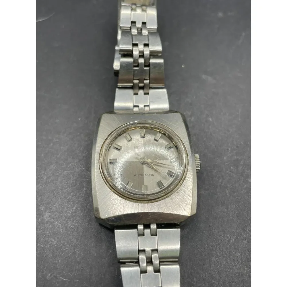 Vintage Benrus Automatic Silver Tone Cushion Watch Stainless Steel 27MM